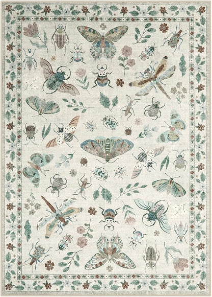 Lahome Insect Print Washable Area Rugs 5x7, Soft Rugs for Living Room Ultra-Thin Non-Shedding Modern Bedroom Rug, Stain Resistant Throw Rug Large Carpet for Dining Room Kids Nursery(5'x7',Beige)