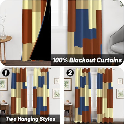 Terracotta Blue 100% Blackout Curtains for Bedroom 84 inch Long 2 Panels Set Modern Abstract Geometric Black Out Curtains Insulated Room Darkening Window Drapes for Living Room, 52Wx84L
