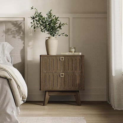 SICOTAS Nightstand Set of 2, Modern Bedside Tables with 2 Drawers, Stable Bedroom Nightstands with Textured Drawer Front and Gold Hardware for Bedroom, Apartment