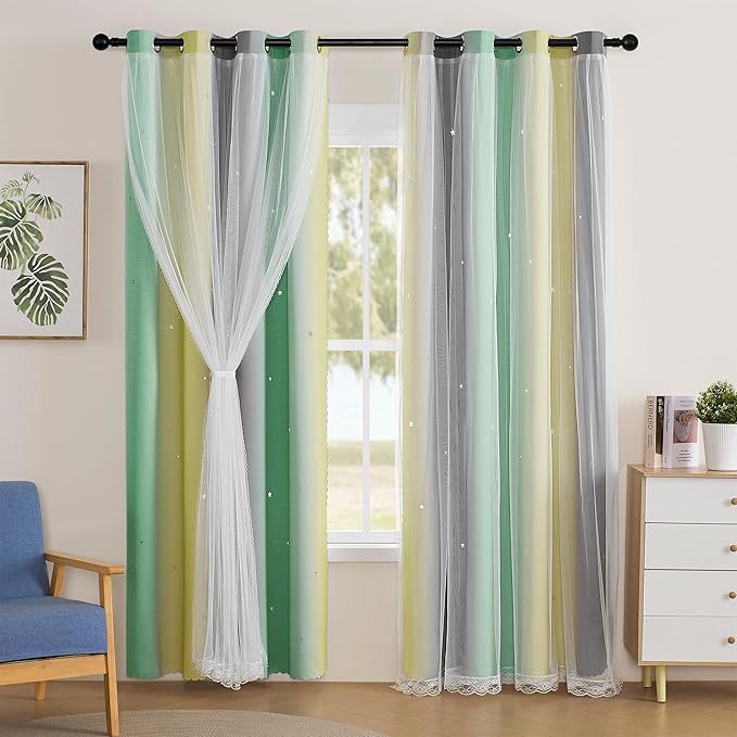 XiDi Curtains for Bedroom Decor, Rainbow GreenYellowGrey52/54/1
