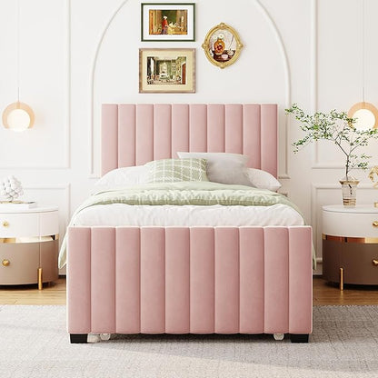 Twin Size Bed Frame with Trundle Bed,Velvet Upholstered Bed Frame,Twin Size Trundle Bed with Headboard,Upholstered Platform Bed Twin for Kids Teens Adults(Pink)