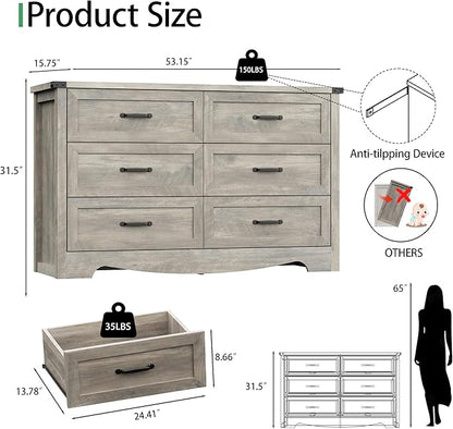 Dresser for Bedroom with 6 Drawers, 54" Wide Wood Chest of Drawers with Deep Drawers & Mental Handle, Modern Dresser TV Stand, Wooden Closet Storage Organizer for Living Room, Hallway, Entryway, Grey