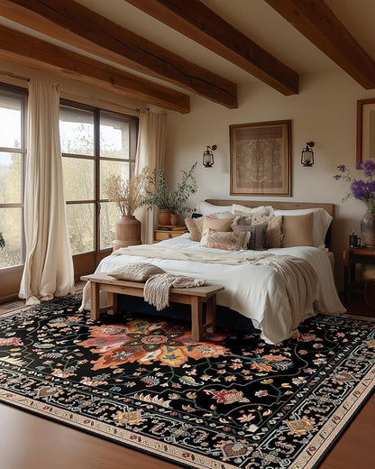 Area Rugs 10'x14' Washable Non-Slip, Floral Vintage Distress Print Pattern Medallion Carpet for Living Room Bedroom Dining Room, Black Colorful Floral Dark Tan