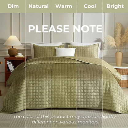 Powdion Velvet Quilt King,Luxurious King Size Quilt Bedding Set 3 Pieces Soft Lightweight Bedspreads Coverlet for All Seasons with 2 Pillow Shams,90x104 Vintage Olive Green Quilt King