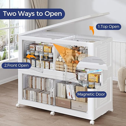 160GAL Storage Bins with Lid and Wheels, Stackable Closet Organizers and Storage Drawer, Collapsible Storage Box with Dividers, Foldable Plastic Cabinets for Room, Kitchen, 4 Pack White