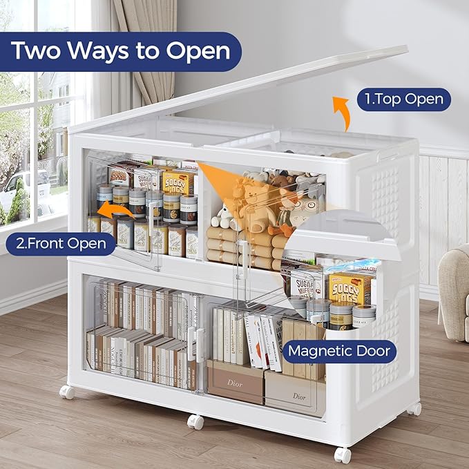 200GAL Storage Bins with Lid and Wheels, Stackable Closet Organizers and Storage Drawer, Collapsible Storage Box with Dividers, Foldable Plastic Cabinets for Room, Kitchen, 4 Pack White