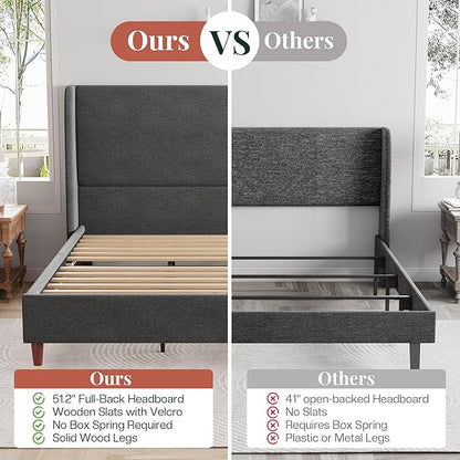 Jocisland King Upholstered Platform Bed Frame with 51.2" Tall Wingback Headboard–Solid Wood Legs, No Box Spring Needed, Dark Grey Linen–Modern Style for Any Bedroom