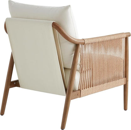 CHITA Braid Accent Chair, Modern Armchair with Solid Wooden Armrest for Living Room and Bedroom, Boho Reading Chair, Cream