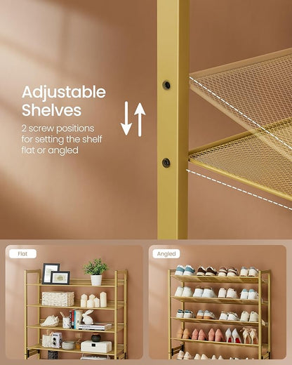SONGMICS Shoe Rack, 8-Tier Shoe Organizer, Metal Rack for Garage, Set of 2, 4-Tier Stackable Shelf, with Adjustable Flat or Angled Shelves, 32-40 Pairs, Pale Gold ULMR08A02