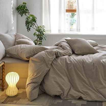 MooMee Striped Duvet Cover Set 100% Washed Cotton Linen Like Textured Breathable Durable Soft Comfy (Tannish Linen Grey White Wide Stripes, Super King 108"x98")