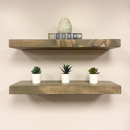 URBANDI, Rustic Floating Shelves, Set of 2, Hidden Bracket, Solid Wood, Heavy Duty, Wall Mounted Shelves, (Grey, 12Wx8D)