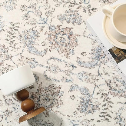 Taupe Area Rug 4x5 Office Entryway Rug Machine Washable Kitchen Vintage Distressed Non Slip Carpet Indoor Retro Floral Accent Throw Door Mat for Bathroom Bedroom Dining Living Room