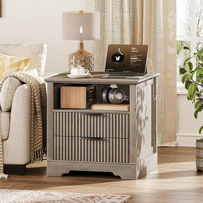 Fluted Nightstand Set of 2, 24'' Sofa Side Table with 2 Drawers, Farmhouse Bedside Table with Storage, Large End Table for Bedroom, Living Room, Greige