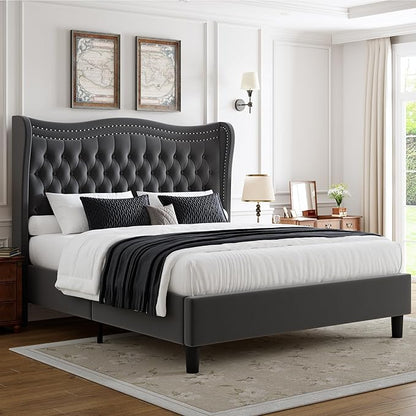 Upholstered King Size Bed Frame with Tall Headboard, Velvet Wingback Platform Bed Frame with Deep Button Tufted, No Box Spring Needed, Noise Free, Grey