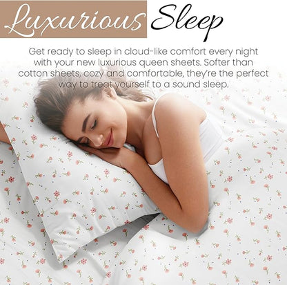 Linen Market 4 Piece Queen Sheet Set - Breathable, Double-Brushed Patterned Cooling Sheets – Oeko-TEX Certified Ultra Soft & Wrinkle-Free 16" Deep-Pocket Queen Sheets - Easy Care Soft Floral Pink