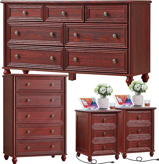 Farmhouse Dressers & Night Stand Set of 4, Wood 54" Wide Dresser & 45" Tall Chest of Drawers, 18" with Charging Station Nightstand Set of 2, Bedroom Furniture Dresser Set for Home Living Room Hallway