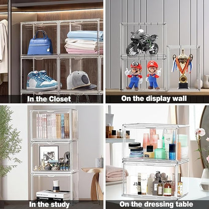 5 Pack Acrylic Shoe Box Size 14, Clear Plastic Stackable Sneaker Shoe Display Case Transparent Storage Bins Handbag Organizer Containers with Magnetic Lids, Figures Collectibles Showcase