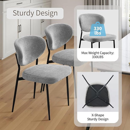 Dining Chairs Set of 2 Chenille Upholstered Dining Room Chairs with Crescent-Shaped Backrest Modern Ergonomic Accent Kitchen Chairs with Swivel Leveling Feet for Bedroom/Vanity Grey