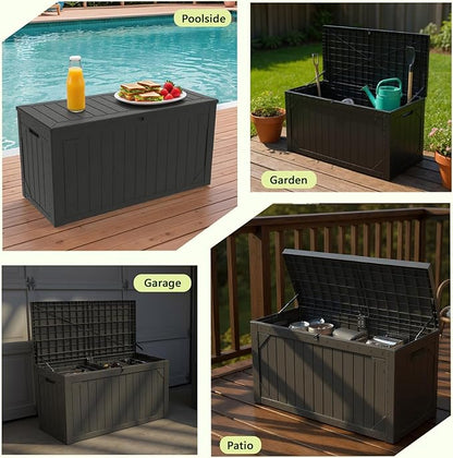 100 Gallon Outdoor Storage Box Waterproof, Lockable Resin Deck Box Patio Storage Bin for Pool Accessories Cushion Furniture, Garden Tools, UV-Resistant Outside Delivery, Black