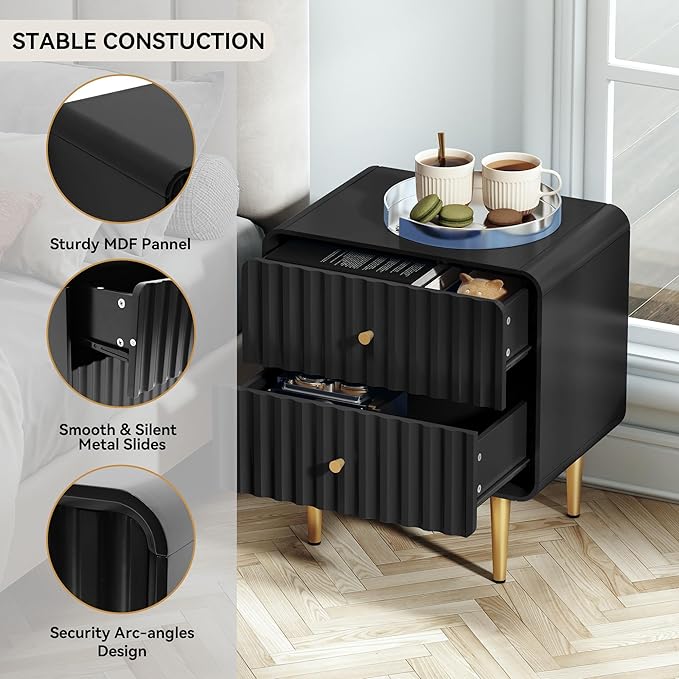 HLR Modern Nightstand, Fluted Bed Side Table with 2 Drawers Storage, Wood End Table with Gold Metal Handle, Black Night Stands for Bedroom