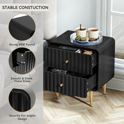 HLR Modern Nightstand, Fluted Bed Side Table with 2 Drawers Storage, Wood End Table with Gold Metal Handle, Black Night Stands for Bedroom