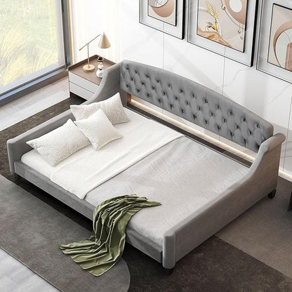 Favfurish Full Size Modern Luxury Tufted Button Daybed, Stylish Wood Upholstered Day Bed,No Box Spring Required, Easy Assembly,for Bedroom,Living Room and Guest Room,Den,Office,Gray