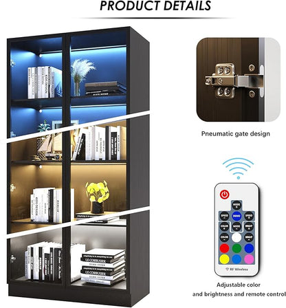 Wooden Display Storage Cabinet with Glass Door, LED Lights,Showcase for Collections, Perfume, Vinyl Albums, Bookcase for Home Office, Living Room, Clinic, Pantry (Black- 4 Layers)