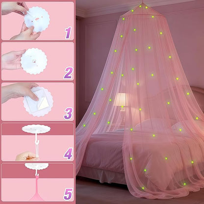 Pink Princess Bed Canopy for Girls with Glowing Stars, Canopy Bed Curtains for Twin, Full, and Queen Sizes; Ceiling Tent for Reading Nooks, Mosquito Net for Indoor Room Decor and Outdoor Use