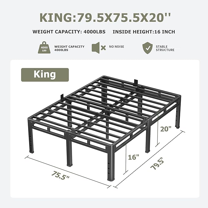 NKZ King Size Bed Frame 20 Inch, Metal Bed Frame & Box Spring 2 in 1 Platform with Round Corner Legs, 4000lbs Weight Capacity Reinforced Metal Frame, Headboard Hole, Noise-Free, Easy Assembly