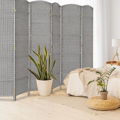 VINGLI 6-Panels Tall Rattan Room Divider, 6 FT Folding Privacy Screen, Indoor Partition Wall Dividers, Freestanding Hinged Space Separator (Grey)