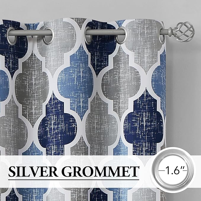 Beauoop 100% Blackout Curtains 45 Inches Long 2 Panels for Bedroom Living Room Blue Grey Moroccan Geo Room Darkening Thermal Insulated Soundproof Grommet Top Window Treatments Drapes, 50x45 Set of 2