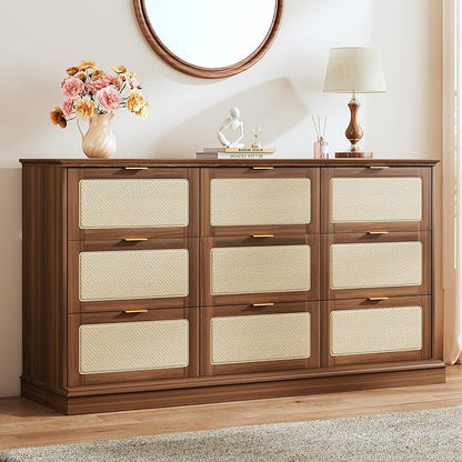 9 Drawer Dresser for Bedroom, 60 Inch Long Dressers & Rattan Chest of Drawers, Boho Style, Large TV Stand for 55, 65, 70 Inch TV, for Bedroom, Living Room, Entryway, Hallway, Walnut