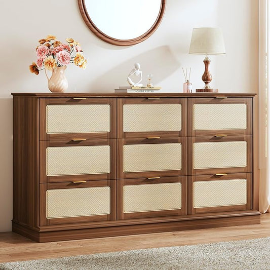 9 Drawer Dresser for Bedroom, 60 Inch Long Dressers & Rattan Chest of Drawers, Boho Style, Large TV Stand for 55, 65, 70 Inch TV, for Bedroom, Living Room, Entryway, Hallway, Walnut