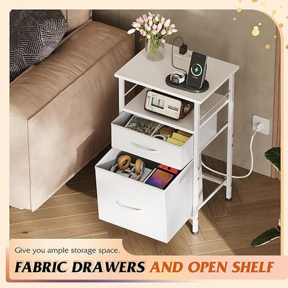 WLIVE Night Stand with Charger Station, White Nightstand with 2 Fabric Drawers, Bedside Table, Small Dresser for Bedroom, Side Table with USB Ports and Outlets