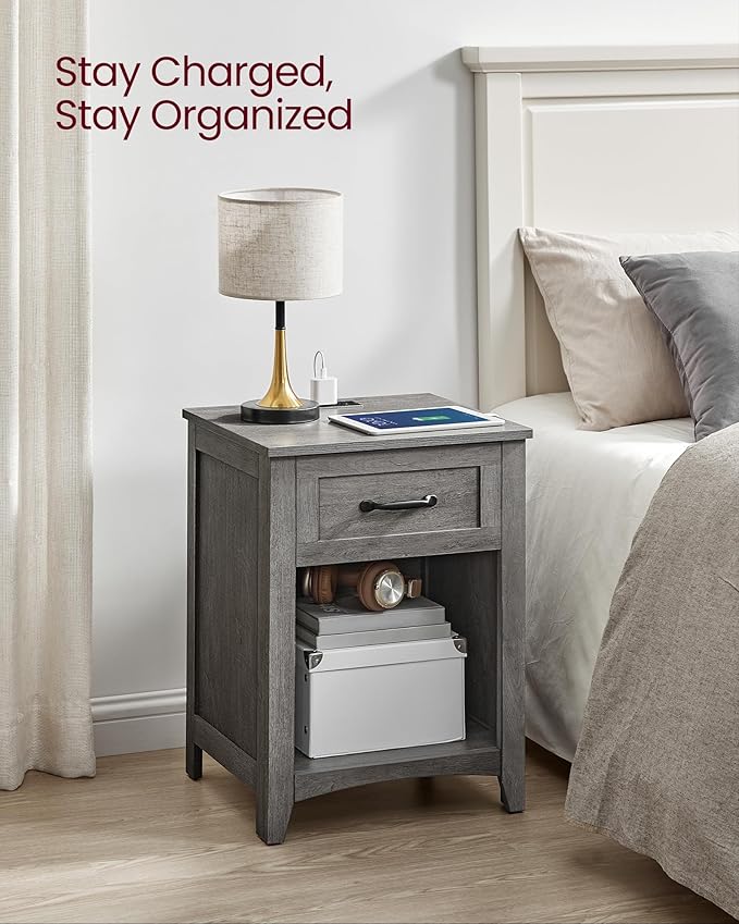 VASAGLE LIRY Collection - Farmhouse Nightstands with Charging Station, Set of 2 Bedside Tables, Side Tables with Drawer, Open Compartment, for Bedroom, Misty Gray ULET859G01
