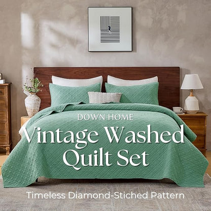 King Quilt Set with Shams Lightweight Quilted Bedspread Coverlet Thin Comforter Bed Cover Vintage Washed Quilted Blanket for All Season, Brushed Microfiber Diamond Stitching, Green, 104"x92"