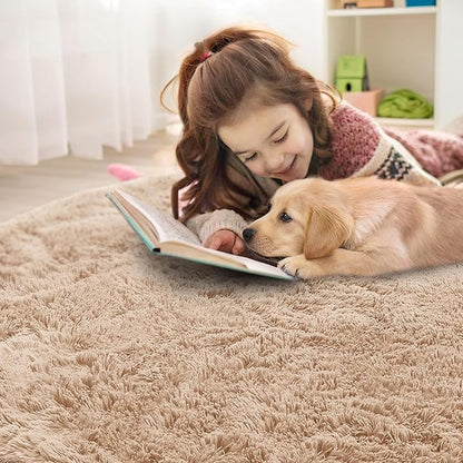 OLANLY Beige Round Rugs for Bedroom - Machine Washable, 5 ft Circle Area Rugs for Living Room, Soft and Fluffy Shaggy Carpet for Teen Girls and Boys, Nursery Rooms, Dorms, Home Decor Aesthetic