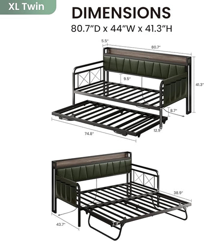 LIKIMIO Daybed with Trundle Bed, Twin XL Bed Frame with Storage Headboard and Charging Station, Sofa Day Bed with Strong Supports for Living Room, Bedroom, and Guest Room, Green