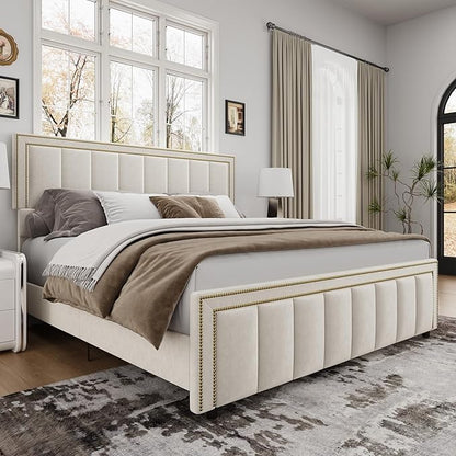 BarnFurin King Size Size Bed Frame with 50" Tall Headboard and Footboard, Chenille Upholstered Platform Bed, Vertical Channel Tufting with Nailhead Trim, No Box Spring Needed, Easy Assembly, Beige