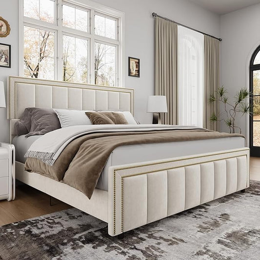 BarnFurin King Size Size Bed Frame with 50" Tall Headboard and Footboard, Chenille Upholstered Platform Bed, Vertical Channel Tufting with Nailhead Trim, No Box Spring Needed, Easy Assembly, Beige