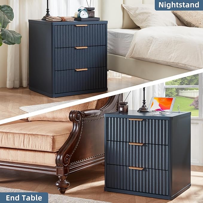 LEYAOYAO Fluted Dresser and Nightstand Sets, Wood 48" Wide Dresser & 23" Night Stand with Charging Station, 2 Piece Bedroom Furniture Set, Chest of Drawers for Bedroom, Home, Living Room,Nave Blue