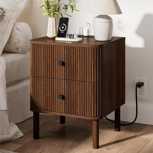 Night Stand with Charging Station, 18" Fluted Nighstand with Rounded Corners & Solid Wood Legs, 2 Drawers End Table with Storage, Mid Century Modern Bedside Table for Bedroom, Walnut