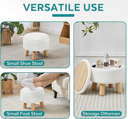 FIMIVIBI Small Foot Stool Ottoman with Storage, Soft Faux Fur Ottoman Foot Rest for Couch, Round Footstool with Storage, Small Ottomans and Footstools for Living Room and Entryway (White)