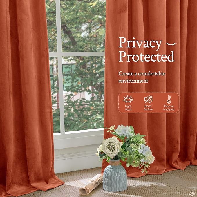LAMIT Velvet Curtains 120 Inch for Living Room, Terracotta Thermal Insulated Room Darkening Drapes Rustic Vintage Noise Reducing Panels with Back Tab and Rod Pocket, 2 Panels, 52 x 120 Inch
