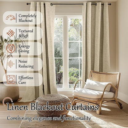 60 Inch Wide Linen Blackout Curtains for Living Room/Bedroom 84 Inch Length 2 Panels, Total Black Out Thermal Insulated Soundproof Grommet Boho Window Drapes White Liner for Modern Farmhouse, Burlap