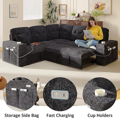 Modular Sectional Sleeper Sofa with Pull Out Bed, L Shaped 5 Seat Sectional Couches for Living Room, 84 Inch Sofa Bed with Adjustable Backrest | Hidden Storage | Wide Armrest | Navy Blue