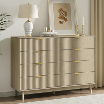 LYNSOM Fluted 8 Drawer Dresser for Bedroom, 55" Wide Modern Chest of Drawers with Curved Profile Design and Metal Handles, Wood Dresser TV Stand & Storage Organizer for Bedroom, Hallway, Beige