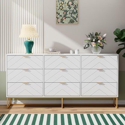 Anbuy Morden 9 Drawer Dresser and Nightstand Sets for Bedroom, Night Stand Set of 2 & 9 Drawer Dresser with Gold Handles, Morden Wood Chest of Drawers Storage Cabinet Set, White