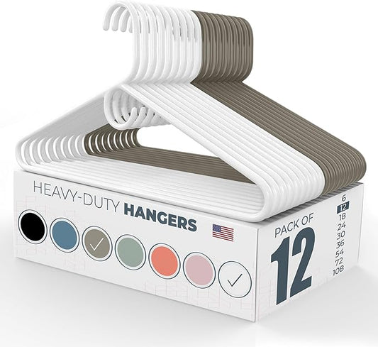 Neaties Heavy Duty Clothes Hangers 12 Pack – Made in The USA – 8lb Capacity Plastic Hangers for Adult Clothing – Durable for Pants, Coats, Jackets, or Jeans – White & Gray