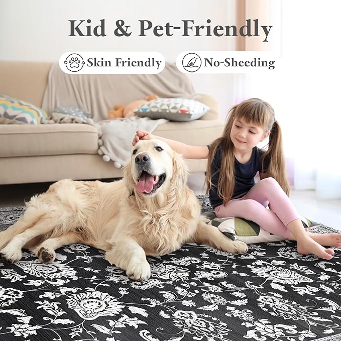 Machine Washable Area Rugs, Vintage Soft Rugs for Living Room Non Slip Large Area Rug 6x9 Carpet for Bedroom Under Bed/Dining Table Home Office | Black White